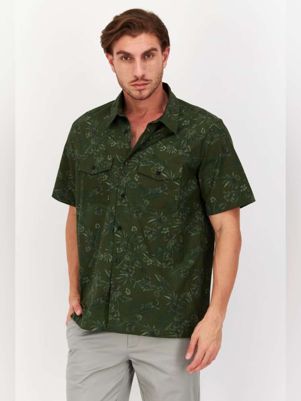 A.P.C. Olive Floral Short-Sleeve Button Shirt